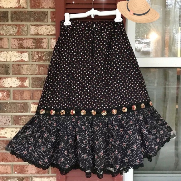 Vtg🎀Gunne Sax Black Calico Skirt Size S Prairie Midi Lace Trim👒🌾(RESERVED) - Picture 7 of 15